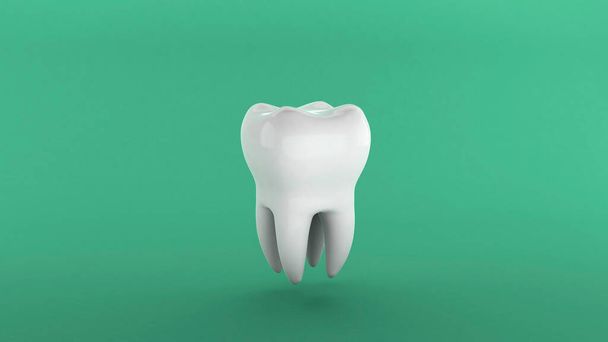 Biały ząb na zielonym tle. 3d renderowanie - Zdjęcie, obraz