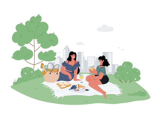 Twee vriendinnen zitten in een stadspark op deken in de zomer en picknicken samen, hebben plezier, tijd voor vrienden.. - Vector, afbeelding