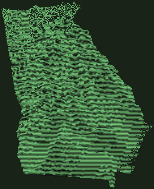 Topografische militärische Radarkarte des Bundesstaates Georgia, USA mit smaragdgrünen Höhenlinien auf dunkelgrünem Hintergrund - Vektor, Bild