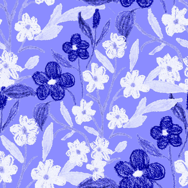 ワックスクレヨンで描かれた抽象的な花と創造的なシームレスなパターン。明るい色の花｜print. - 写真・画像
