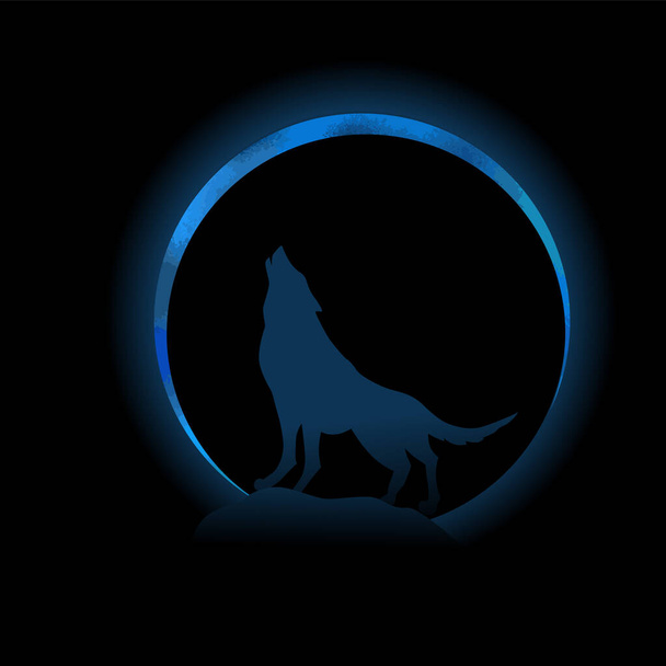 Wolf heult den Mond auf schwarzem Grund an. leuchtender Mond. T-Shirt-Druck. Vektorillustration - Vektor, Bild