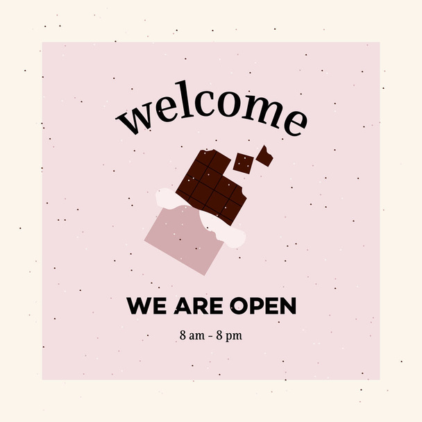 Bem-vindo somos texto aberto e banner minimalista com barra de chocolate para café. Design ilustrado retro na moda - Vetor, Imagem