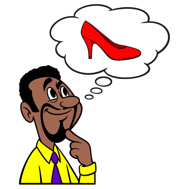 Homme qui pense à Ladies Dress Shoes - Une illustration de dessin animé d'un homme qui pense à porter des chaussures habillées pour dames. - Vecteur, image