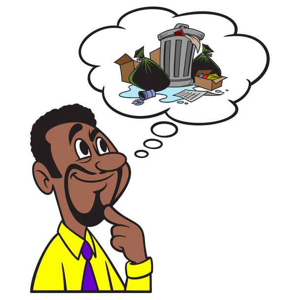 Man thinking about Garbage - A cartoon illustration of a man thinking about Garbage. - Vector, Image