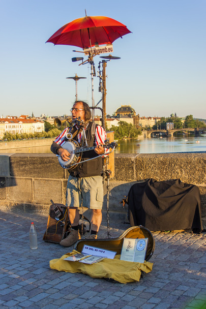 Prague, Czech Republic. Busker entertains the audience on the Charles Bridge - Fotoğraf, Görsel