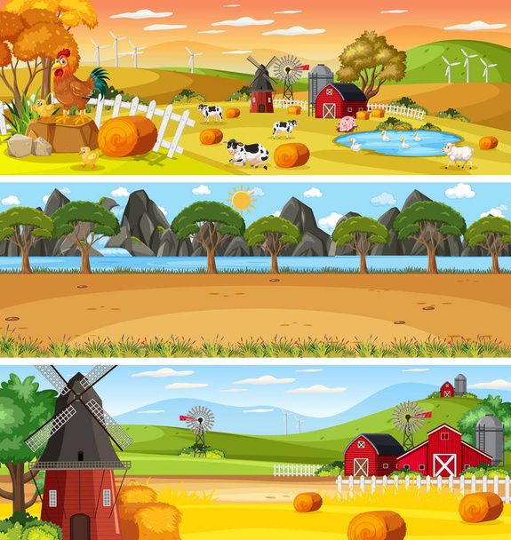 Набір різних ландшафтів природи в денний час сцени з ілюстрацією персонажів мультфільмів
 - Вектор, зображення