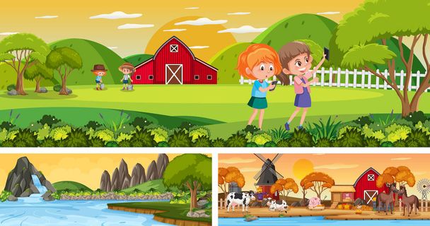 Outdoor panoramic landscape scenes set with cartoon character illustration - Vector, Image