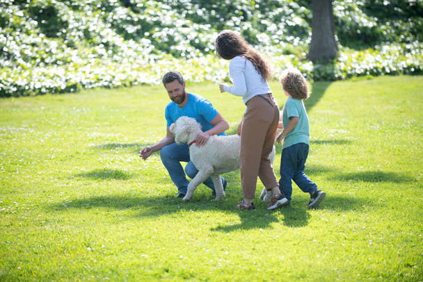 Щаслива родина мати батько і дитина син ходить з собакою на природі
. - Фото, зображення