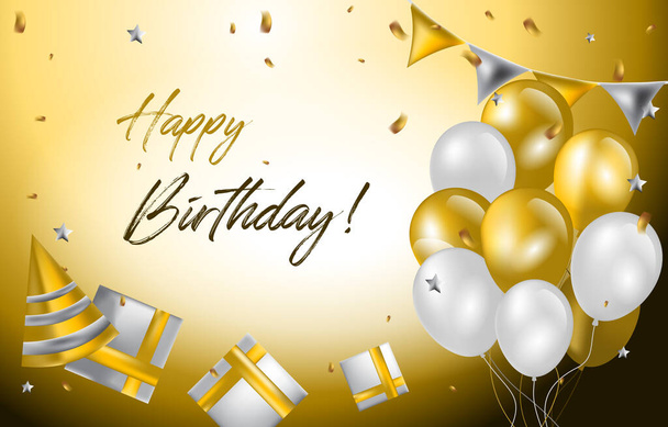 Gelukkige verjaardag kaart uitnodiging viering ballon gouden achtergrond - Vector, afbeelding