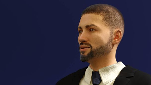 üzletember portré jóképű fickó profil nézet öltöny és nyakkendő 3D illusztráció kék stúdió háttér - Fotó, kép