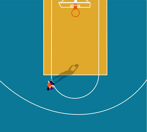 Баскетболіст з м'ячем у барвистому дворі. Вид зверху на арену. Плоский дизайн. Векторні ілюстрації
. - Фото, зображення