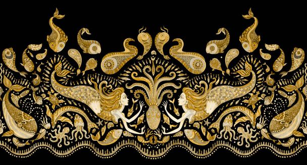 Απρόσκοπτη μοτίβο συνόρων ζωγραφισμένα στο χέρι χρυσό παραμύθι θαλάσσια ζώα και γοργόνα. Υδατογραφία φαντασία ψάρια, χταπόδι, κοράλλι, θαλασσινά όστρακα, φυσαλίδες σε μαύρο φόντο. Πλευρά μπατίκ, τυπωμένο ύφασμα - Φωτογραφία, εικόνα