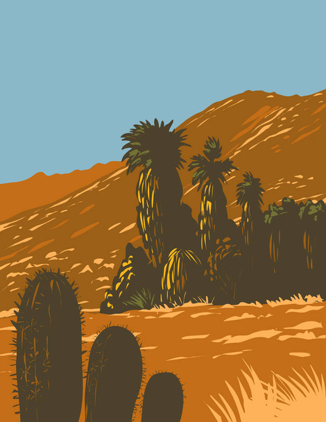 WPA poszter art kaktusz és sivatagi fan pálmák növekvő Santa Rosa és San Jacinto Mountains National Monument in Palm Desert, California, Amerikai Egyesült Államok kész munkák projekt adminisztrációs stílus. - Vektor, kép