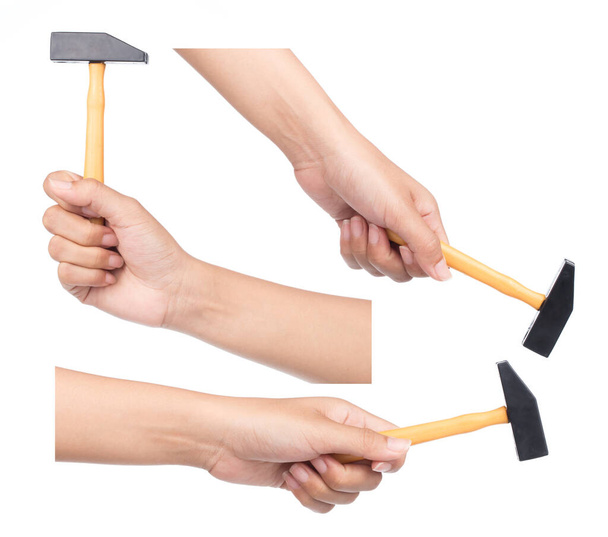 Collection of hand holding Hammer isolated on white background - Foto, Imagem