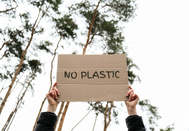 Female hands holding cardboard with text NO PLASTIC outdoors. Nature background. Protester activist. Social activism - 写真・画像