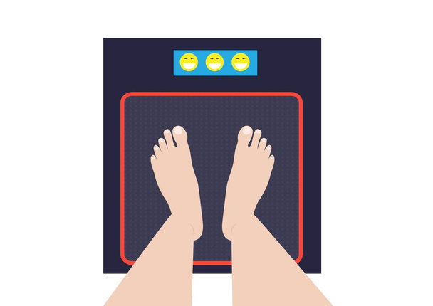 πόδια σε κλίμακες ένας χαρακτήρας στέκεται σε μια κλίμακα ζύγισης Η απώλεια βάρους, διατροφή και υγιεινό τρόπο ζωής έννοια. Επίπεδη σχεδίαση. - Διάνυσμα, εικόνα