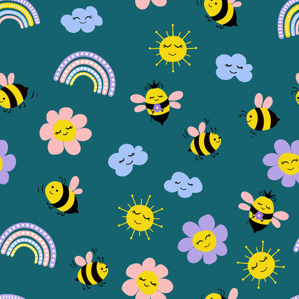 Bienennahtloses Muster. Niedliche handgezeichnete Bienen, Blumen, Wolken, Regenbogen, Sonne. Design für Stoffe, Textilien, Tapeten, Verpackungen, für Kinder. - Vektor, Bild