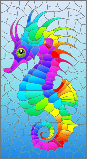 濃い青の背景に明るい虹色の漫画の馬とステンドグラスのイラスト、長方形の画像 - ベクター画像