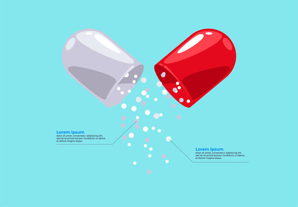  Векторная иллюстрация открытой капсулы с таблетками, гранулы, выпадающие из капсулы, состав таблетки - Вектор,изображение