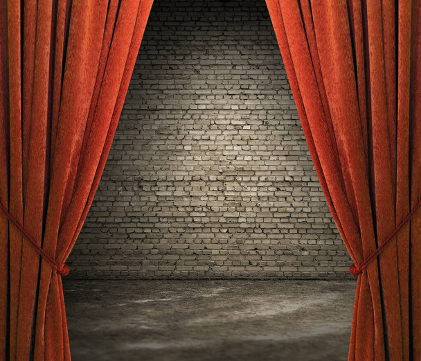old interior with red curtains, brick wall - Photo, Image