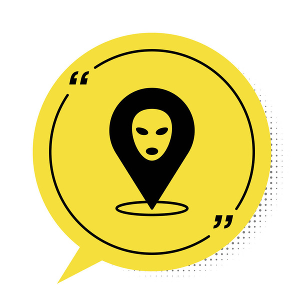 Icono alienígena negro aislado sobre fondo blanco. Cara extraterrestre alienígena o símbolo de cabeza. Símbolo amarillo de burbuja. Vector - Vector, imagen
