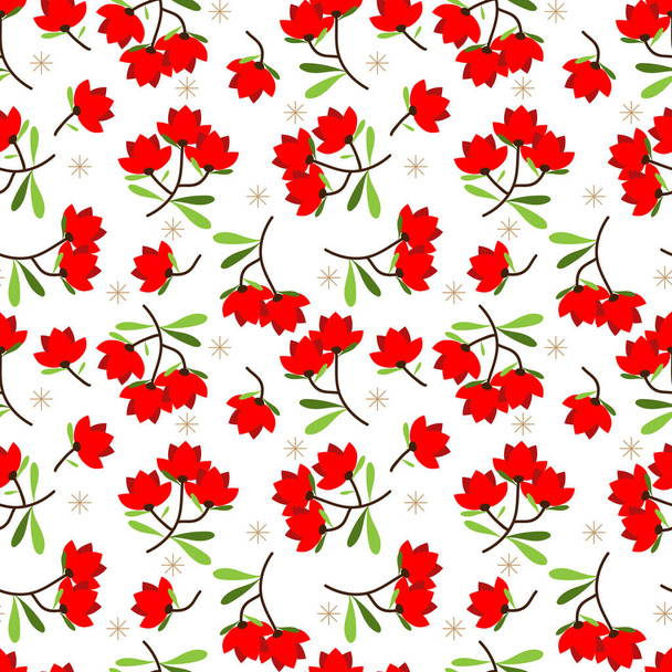Aranyos varrat nélküli minta apró piros virág ágak levelek fehér színű háttér. Vektorillusztráció. - Vektor, kép