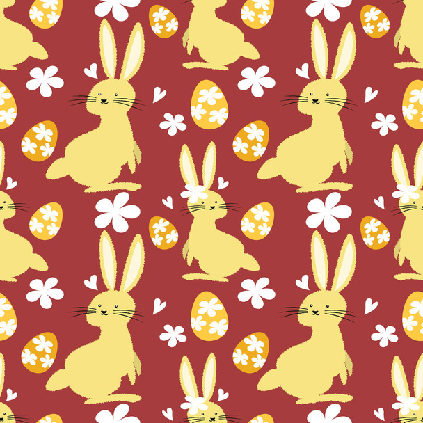 Frohe Ostern nahtloses Muster Design von niedlichen Kaninchen mit Blumen, winzigen Herzen und Ostereiern auf rotem Hintergrund. Vektorillustration. - Vektor, Bild
