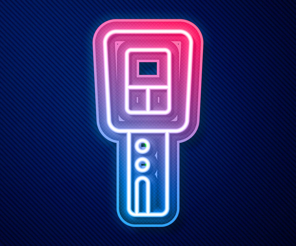 Gloeiende neon lijn Autosleutel met afgelegen pictogram geïsoleerd op blauwe achtergrond. Autosleutel en alarmsysteem. Vector - Vector, afbeelding