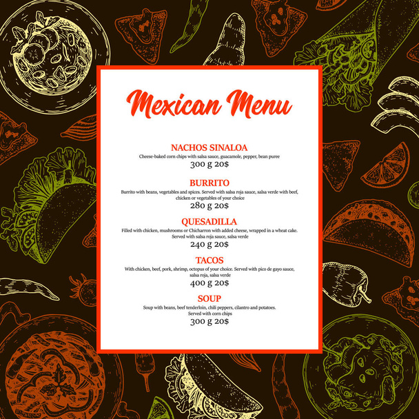 Plantilla de menú de comida mexicana con elementos elaborados a mano. Ilustración vectorial en estilo de boceto - Vector, imagen