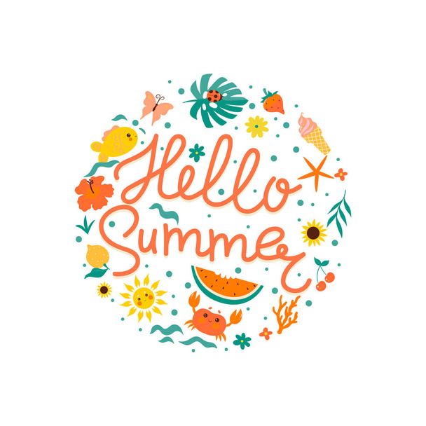 Hello summer emblem with summer elements. Vector image. - Vector, Image