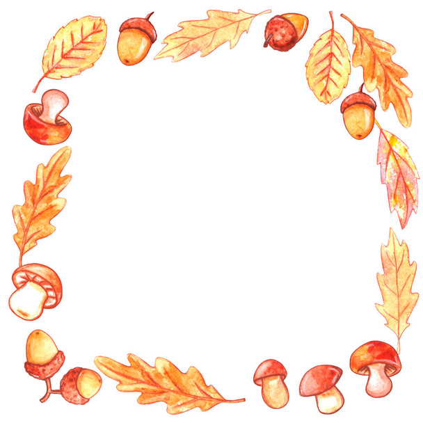 手描きの紅葉、キノコとアコーンで作られた正方形の水彩秋のフレーム。幸せな秋。国境,背景,挨拶カード,テキスト,感謝祭,子供たち｜print. - 写真・画像