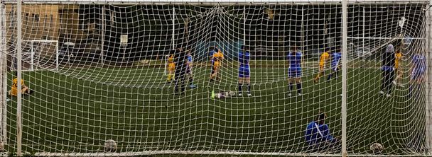 Woman goalkeeper with her back to goal. team playing football . Mesh for football goal background, sport texture, women football background. - Фото, изображение