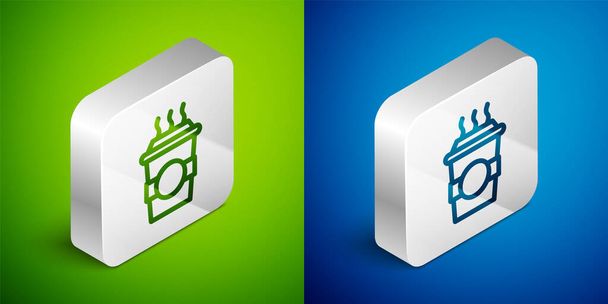 Isometric line Coffee cup to go icon isolated on green and blue background. Silver square button. Vector - Vector, Image
