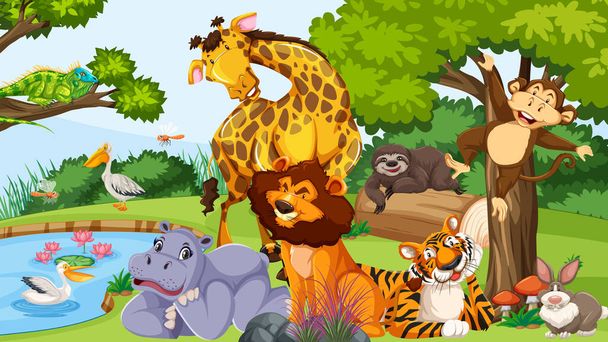 Дикие животные в джунглях - Вектор,изображение