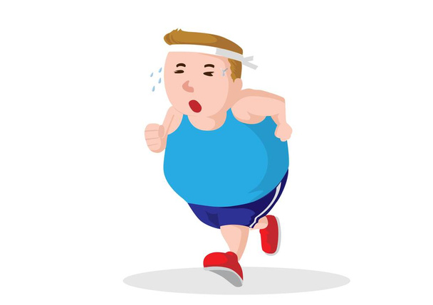 太った男はジョギングに疲れている。彼は体重を減らし、完璧な体を取得したいフラットスタイルの漫画イラストベクトル - ベクター画像