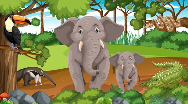 Elefantenfamilie mit anderen Wildtieren in Waldszene Illustration - Vektor, Bild