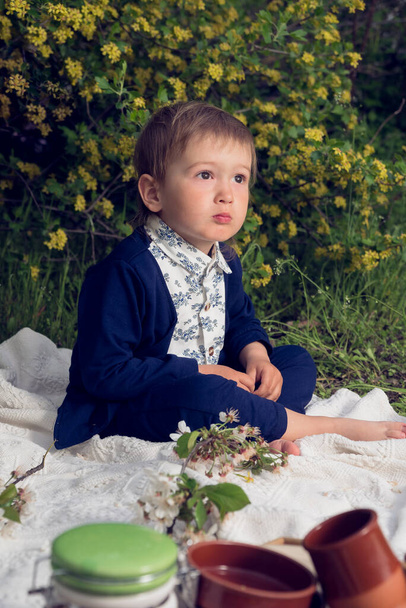 Egy kétéves, csinos öltönyös, töprengő kisfiú ül a fehér szőnyegen, virágzó villásreggelivel és virágzó bokrokkal a háttérben. Távol a figyelmes gyermek tekintetétől.. - Fotó, kép
