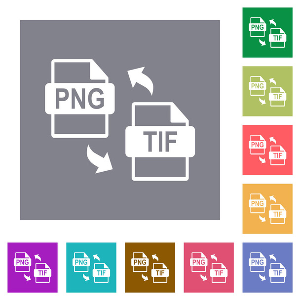 PNG TIF file conversion flat icons on simple color square backgrounds - Vector, Image