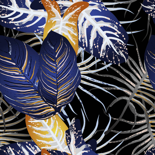 Tropical Leaf. Modern Motif. Jungle Print. Foliage Summer Seamless Pattern. Trending Greenery Vector Background. Artistic Botanical Surface. Abstract Plant Texture For Fashion. Dark Brush Drawing. - Vektor, Bild