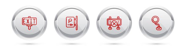 Set line Fire exit, Parking, Road barrier and traffic sign. Silver circle button. Vector - Vector, Image