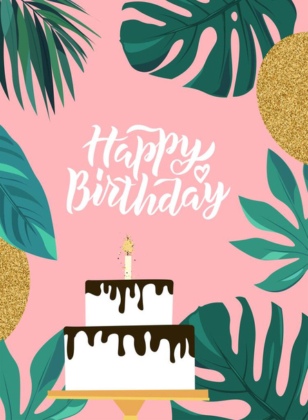 Happy Birthday hand lettering text. Cute vector illustration with tropic leaves for poster, greeting card, banner template. - Vektor, obrázek