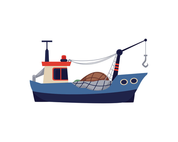 Cartoon symbol of fishing trawler or boat, flat vector illustration isolated. - Wektor, obraz