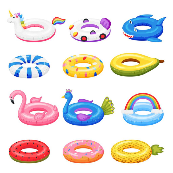 Juguete de baño. Anillos inflables de goma de dibujos animados en varias formas unicornio, flamenco, sandía. Accesorios de la piscina playa inflables juguetes vector conjunto - Vector, imagen