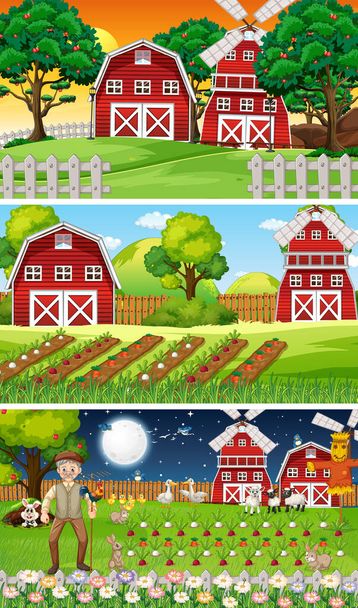 Diverse scene di fattoria con vecchio contadino e cartone animato animale personaggio illustrazione - Vettoriali, immagini