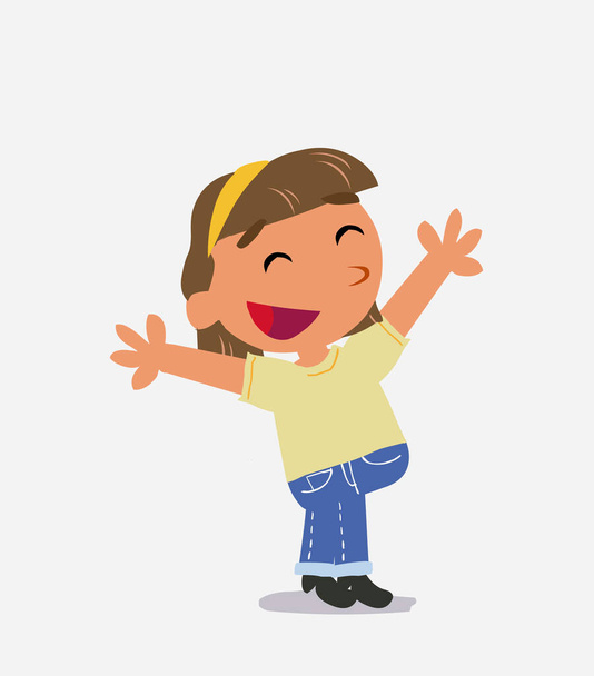 personaje de dibujos animados de niña en jeans celebrando algo con alegría - Vector, imagen