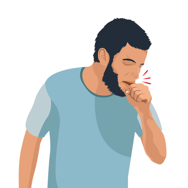 Ilustrace vektoru kašlajícího muže. Nemocná, nemocná a nachlazená, chřipka a virus, chřipková koncepce - Vektor, obrázek