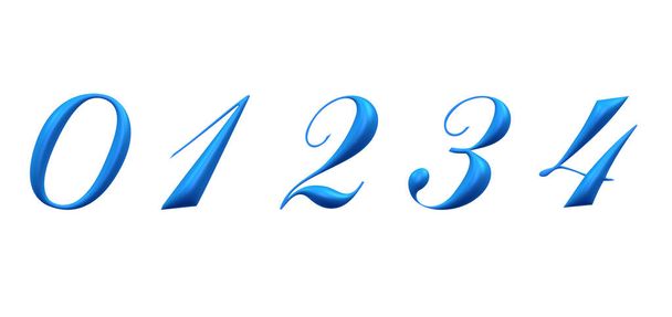 3d niebieski alfabet, zestaw liczb 01234, renderowanie 3d - Zdjęcie, obraz