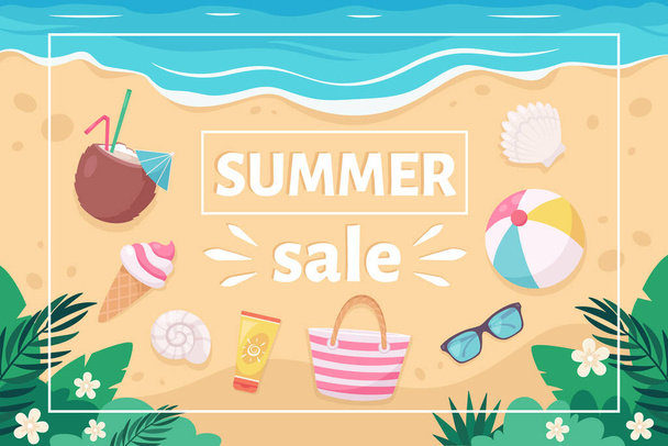 Zomer verkoop banner met zomerse elementen: pina colada, zonnebril, zonnebrandcrème, tropische bloem, ijs. Vectorillustratie - Vector, afbeelding