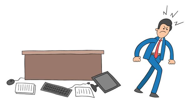 Cartoon businessman very angry, threw the computer and papers on the table to the floor, vector illustration. Colored and black outlines. - Vector, Image