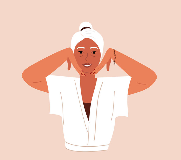 Retired Old Beautiful Relaxed woman do face building yoga facial gymnastics self massage,rejuvenating exercises.Lady massaging her face.Beauty Procedure,anti-aging self care.Vector flat illustration - Vector, Image